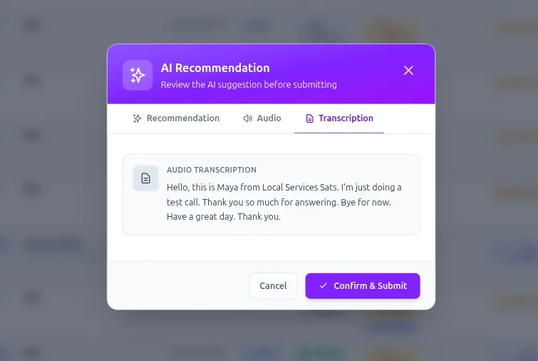 LSA Escale AI transcription of a Google Local Services Ads phone call