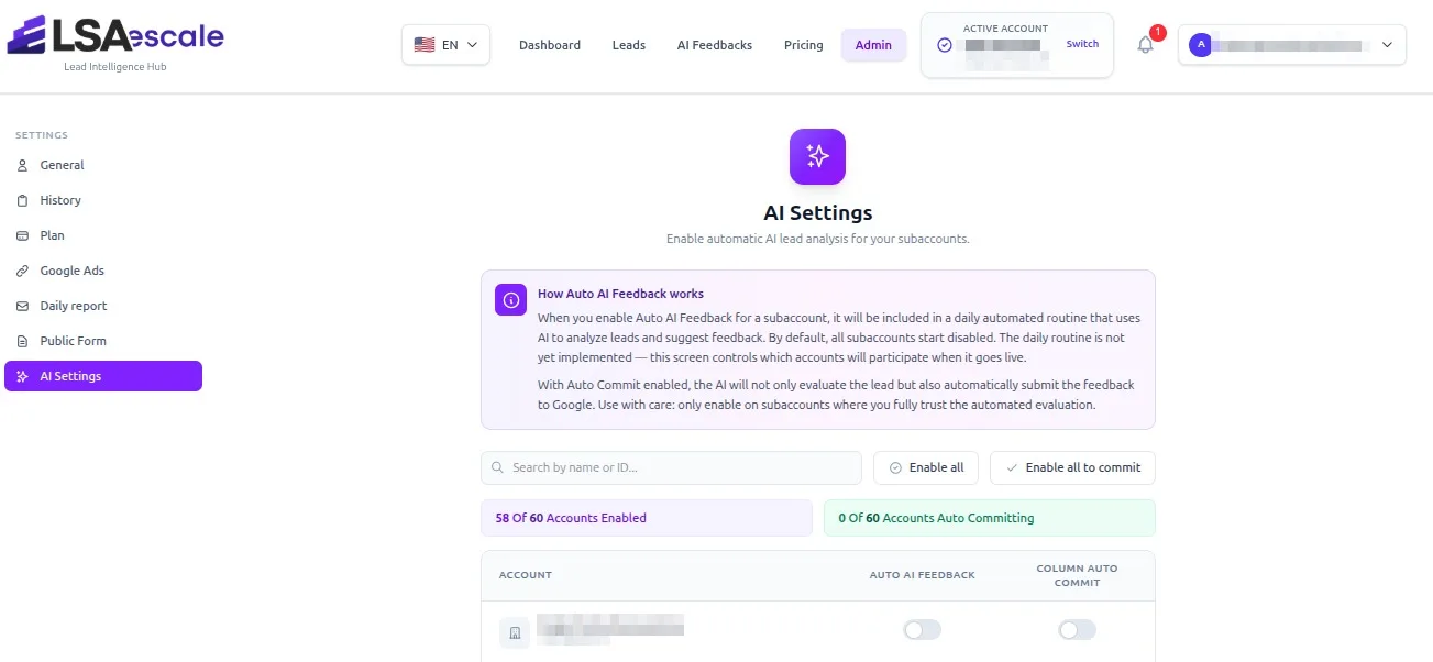 LSA Escale AI feedback settings — choose manual review or automatic AI feedback per sub-account