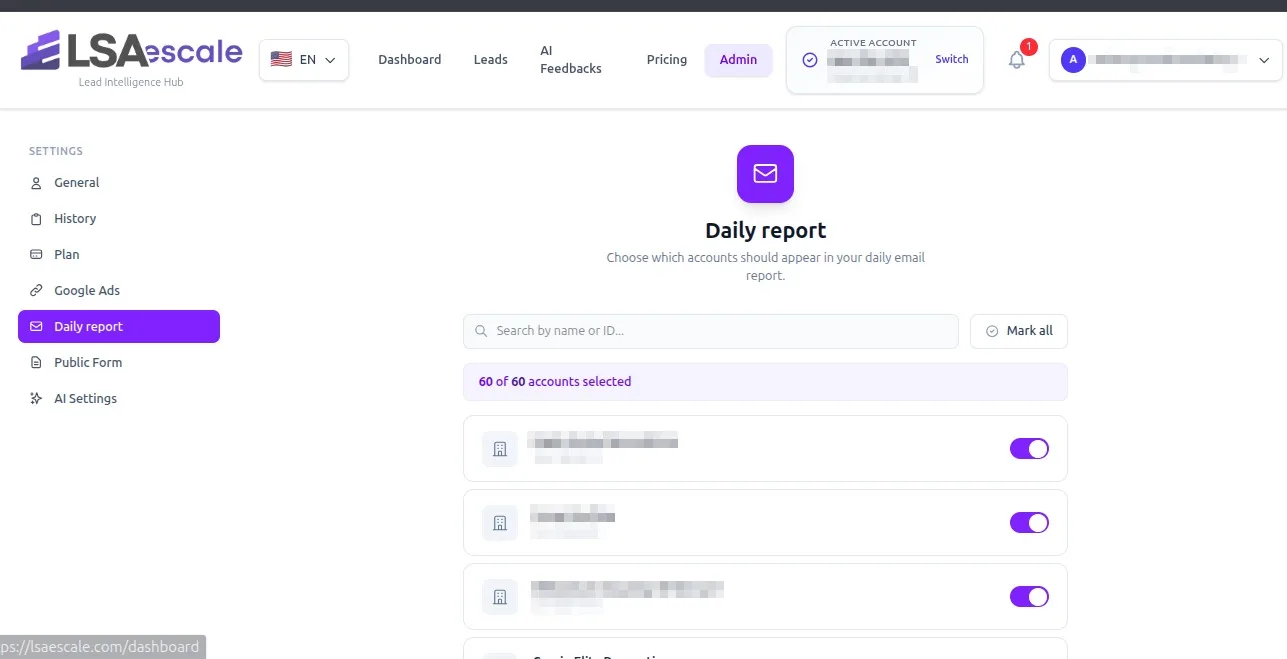 LSA Escale daily report — a per-account lead and call summary delivered by email