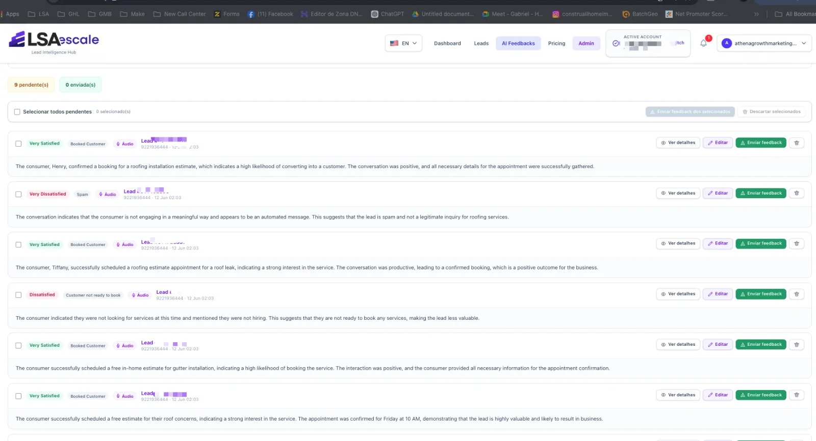 LSA Escale lead review screen — call recording, AI transcript and a suggested rating before sending feedback to Google